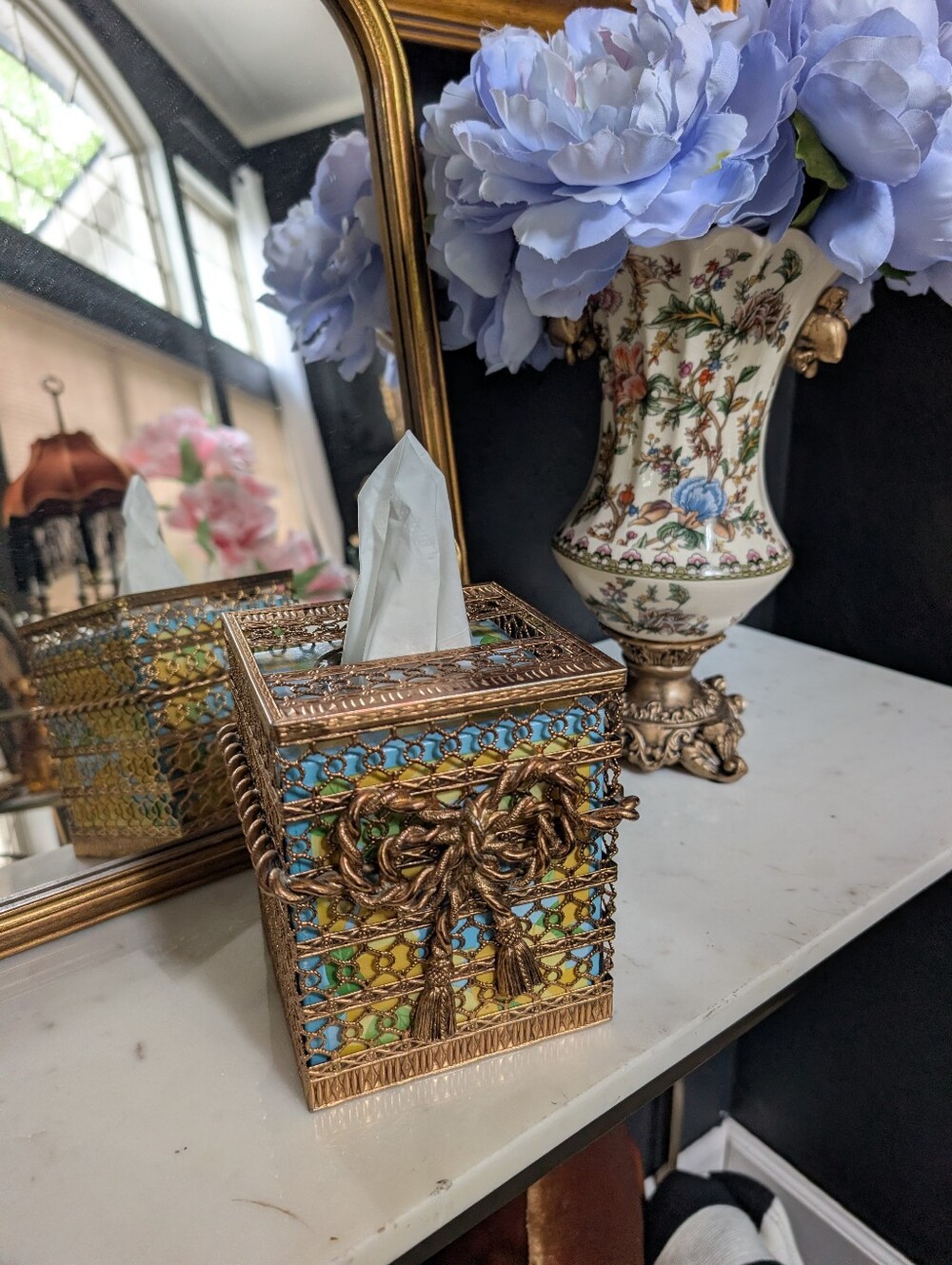 Vintage Gold Ornate Brass Regency Filigree Tissue Box Cover, Rope Twist Bow